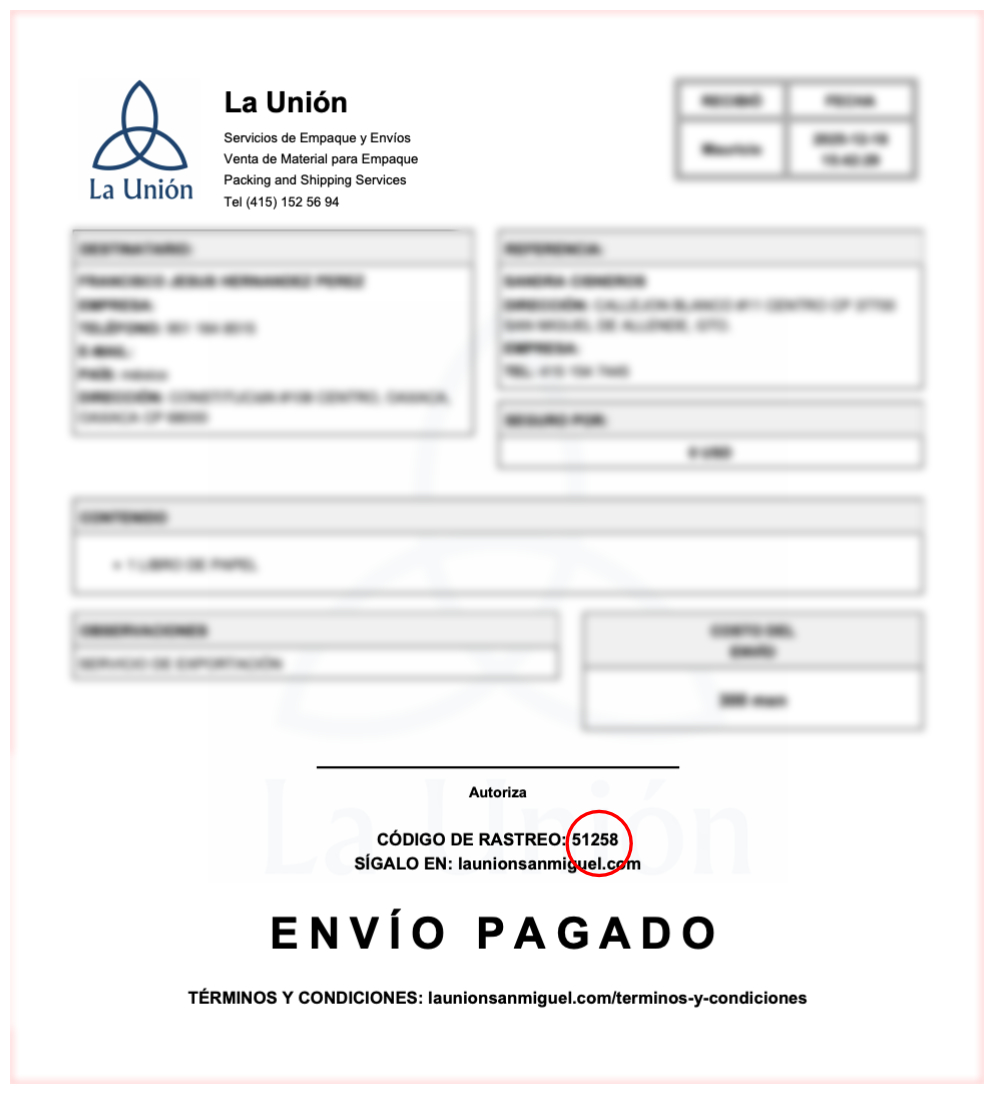 Example of tracking code location on receipt